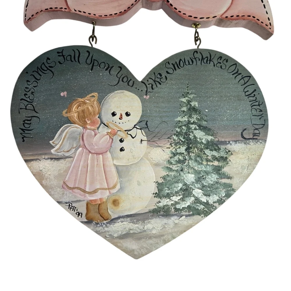 Hand Crafted Winter Decoration Wood Plaque Snowman Angel Blessings Blue Pink